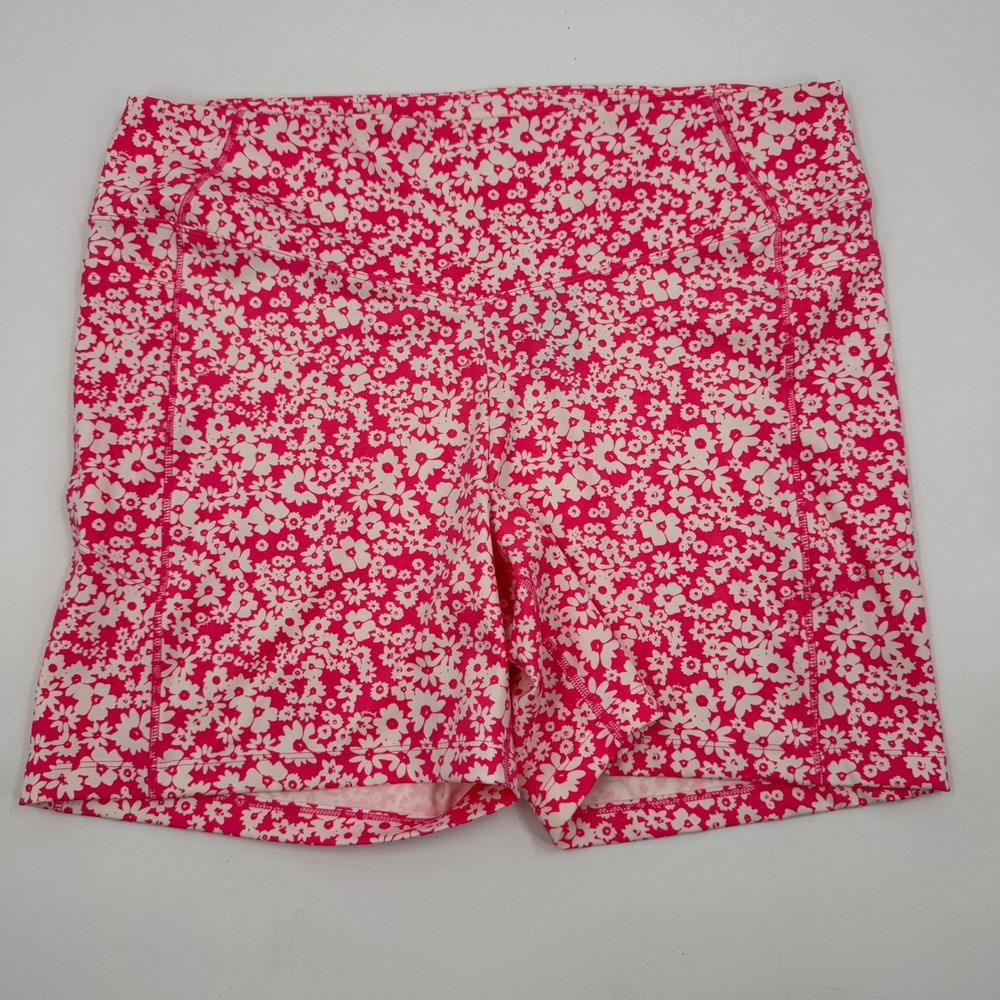 PINK Active Bike Shorts Women XXL Pink White Floral High Rise Athletic 6" Inseam